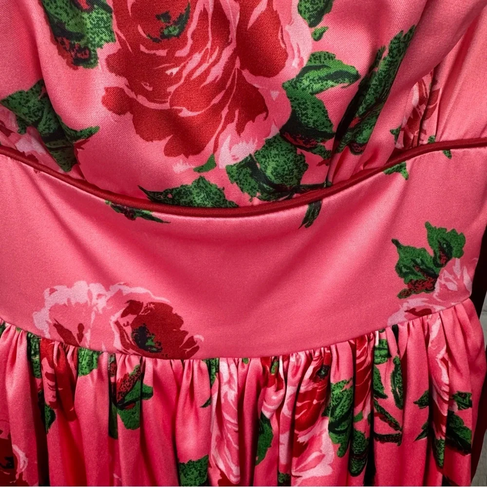Vixen by Micheline Pitt Pink Floral Fit-and-Flare Dress with Red Straps - Picture 3 of 10